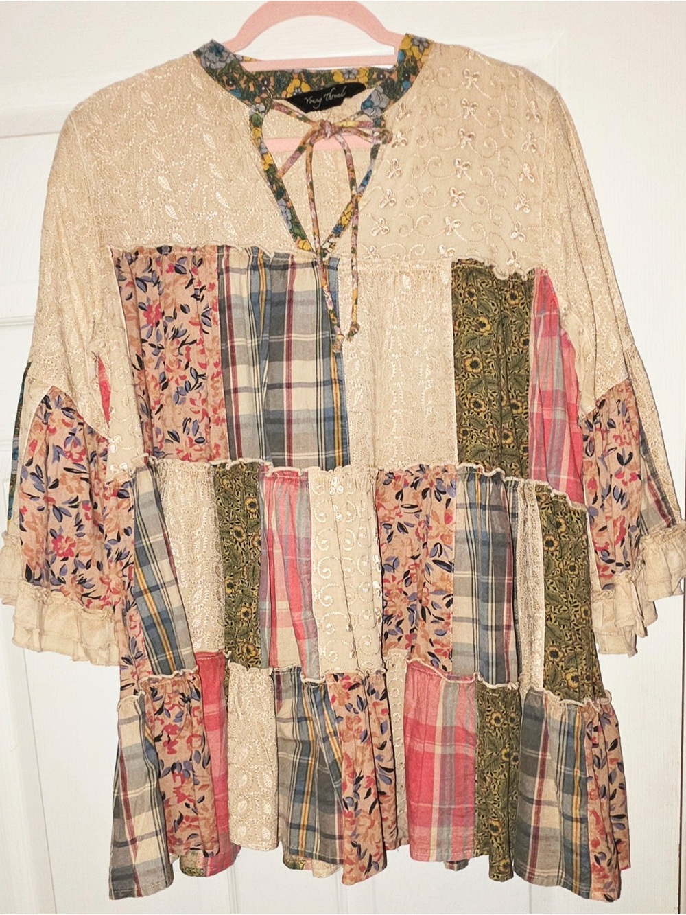 Vintage-Inspired Patchwork Blouse in Cream and Multi